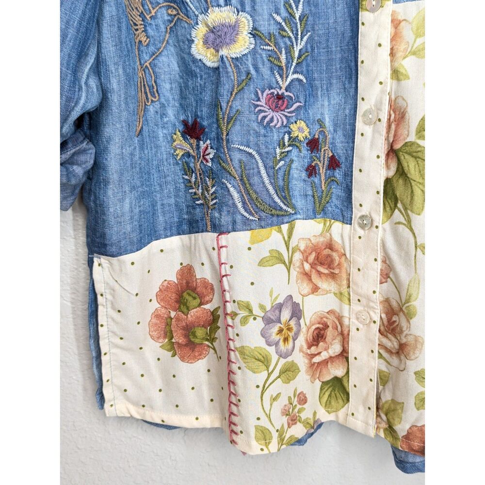 Soft Surroundings Embroidered Printed Tencel Button Shirt Sz M Boho Patchwork - Picture 5 of 9